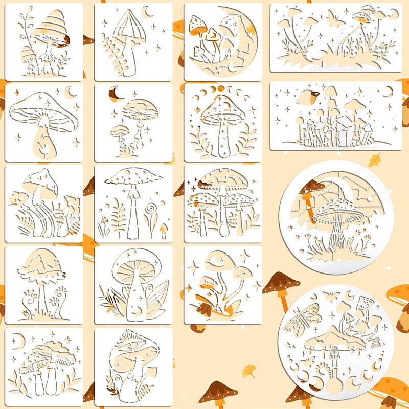 Resflyar 18 PCS Mushroom Stencils Large Reusable Crescent Moon Phase Drawing Template Bohemian Art Stencils for Painting on Wood Wall Tile Fabric Canvas Scrapbook Home Decor DIY Craft Projects - Image 1